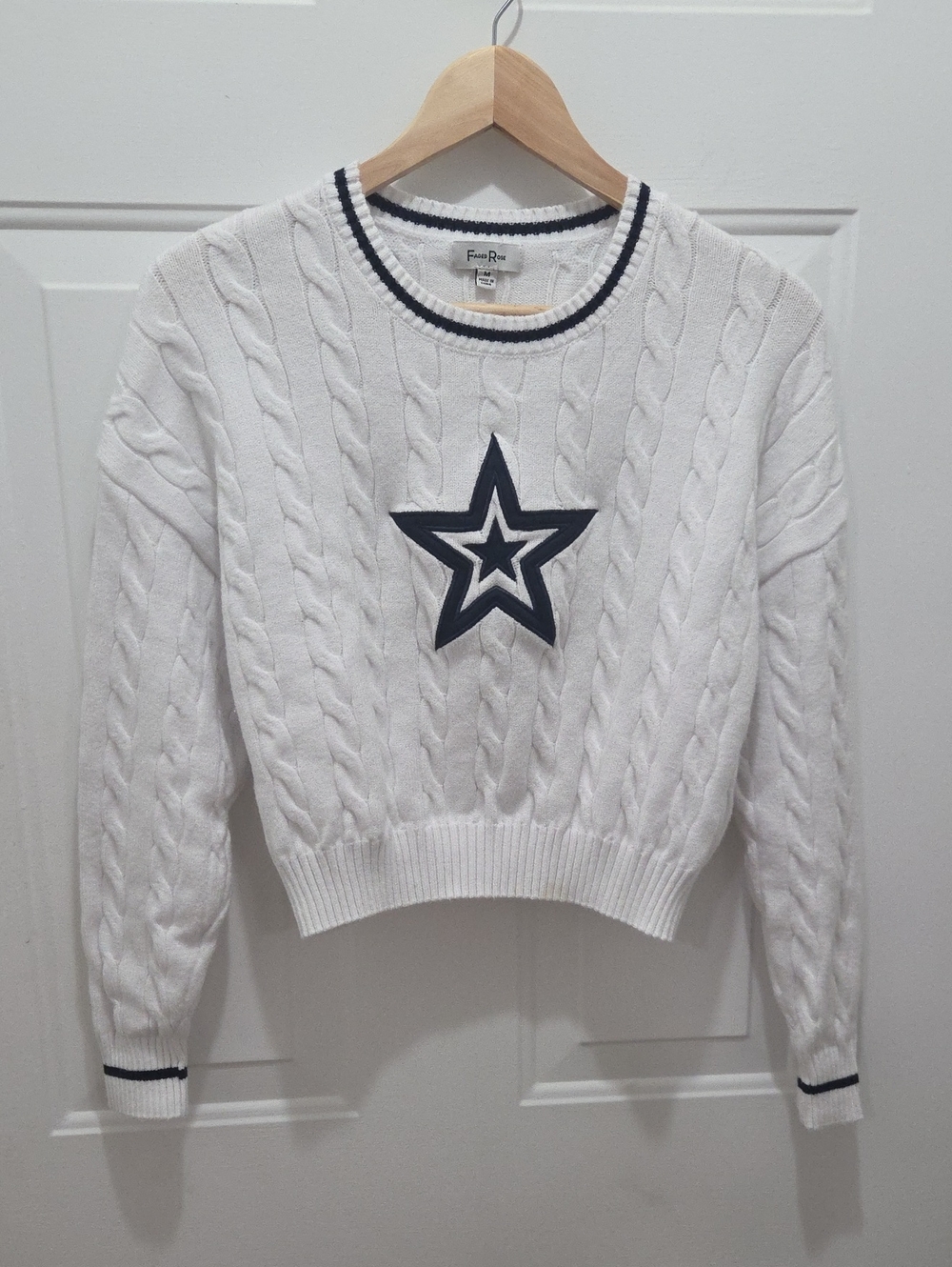 White Cable-Knit Crewneck Sweater With Navy Trim & Star Applique M